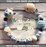 İsimli Bebek Emzik Zinciri ve Mavi Taşlı Bebek Yaka İğnesi