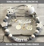 İsimli Bebek Emzik Zinciri ve Beyaz Taşlı Bebek Yaka İğnesi