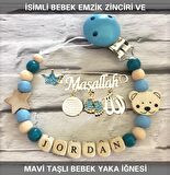 İsimli Bebek Emzik Zinciri ve Mavi Taşlı Bebek Yaka İğnesi
