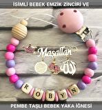 İsimli Bebek Emzik Zinciri ve Pembe Taşlı Bebek Yaka İğnesi