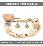 Sahi Aksesuar İsimli Bebek Emzik Zinciri ve Beyaz Taşlı Bebek Yaka İğnesi