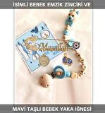 Sahi Aksesuar İsimli Bebek Emzik Zinciri ve Mavi Taşlı Bebek Yaka İğnesi