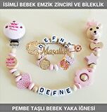 Sahi Aksesuar İsimli Bebek Emzik Zinciri Seti ve Pembe Taşlı Bebek Yaka İğnesi