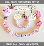 Sahi Aksesuar İsimli Bebek Emzik Zinciri Seti ve Pembe Taşlı Bebek Yaka İğnesi