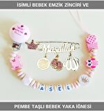 Sahi Aksesuar İsimli Bebek Emzik Zinciri ve Pembe Taşlı Bebek Yaka İğnesi