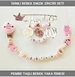 Sahi Aksesuar İsimli Bebek Emzik Zinciri Seti ve Pembe Taşlı Bebek Yaka İğnesi