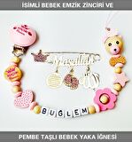 Sahi Aksesuar İsimli Bebek Emzik Zinciri ve Pembe Taşlı Bebek Yaka İğnesi