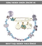 Sahi Aksesuar İsimli Bebek Emzik Zinciri ve Mavi Taşlı Bebek Yaka İğnesi