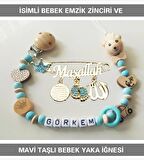 Sahi Aksesuar İsimli Bebek Emzik Zinciri ve Mavi Taşlı Bebek Yaka İğnesi