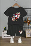 Çocuk Tasarım Mickey Mouse Çiçek Baskılı T-Shirt Şort Alt Üst Takım %100 Pamuk