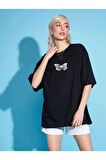 Unisex Siyah Bisiklet Yaka Oversize T-shirt