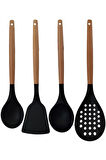 Silikon Bambu Saplı 4 Parça Mutfak Servis Seti Kaşık, Spatula, Kepçe, Kevgir
