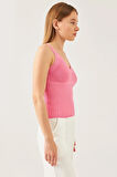 Kadın Pembe Kolsuz Askılı Bel ve Yaka Detaylı Yazlık Atlet Triko Bluz