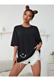 Minimal Kalp Baskılı Acık Kahverengi Oversize Tshirt