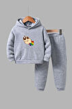 Unisex Çocuk Gri Kapüşonlu Sweatshirt ve Eşofman Altı Takımı Uçan Köpek Baskılı