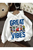 Kız\Erkek Çocuk Beyaz Great Vibes Baskılı Kapşonlu Sweatshirt