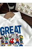 Kız\Erkek Çocuk Beyaz Great Vibes Baskılı Kapşonlu Sweatshirt