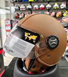 Sway 701 Deri Kaplı Yarı Camlı Elektrikli Bisiklet Motosiklet Scooter Kaskı XL Beden Kahve