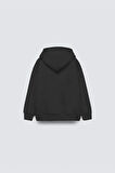 Siyah Basic Çocuk Kapüşonlu Kanguru Cep Detaylı İçi Polar Oversize Sweatshirt