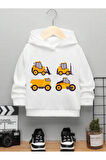 Çocuk Tasarım Kamyon Kepçe Makine Baskılı Kapüşonlu Sweatshirt Pamuklu