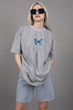 T-shirt Mavi Kelebek Baskılı Pamuk Bisiklet Yaka Oversize