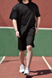 Unisex Siyah Oversize Bol Kalıp T-shirt Şortlu Alt Üst Ikili Takım