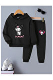 Çocuk Tasarım Kuromi Kalp Baskılı Kapüşonlu Sweatshirt Pamuklu