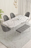 Marsilya Beyaz Mermer Desen 80x132 MDF Açılabilir Mutfak Masası Takımı 4 Sandalye, 1 Bench