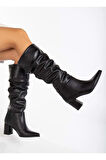 Feles 6 cm Topkulu Körüklü Diz Altı Kadın Çizme SİYAH