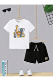 Çocuk Tasarım Hayvanlar Kids Baskılı T-Shirt Şort Alt Üst Takım %100 Pamuk