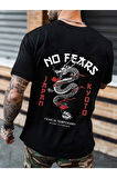 Unisex Baskılı Siyah T-shirt No Fears Ejderha