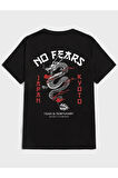 Unisex Baskılı Siyah T-shirt No Fears Ejderha