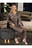 5660 Saten Leopar Desenli Pijama Takım