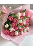 Sevgiliye ve Arkadaşa Hediye, Pembe ve Beyaz Lale Buketi, 28 Adet Islak Solmayan Lale
