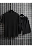 Unisex Siyah Newyork Özel Baskılı Oversize T-Shirt Şort Büyük Beden Penye Takım