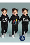 Erkek Çocuk 6`lı Paket King Arabalar Gülen Yüz Baskılı Kapşonlu Sweatshirt-Eşofman Takımı