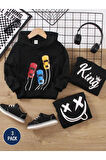 Erkek Çocuk 6`lı Paket King Arabalar Gülen Yüz Baskılı Kapşonlu Sweatshirt-Eşofman Takımı