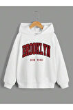 Kız\Erkek Çocuk Beyaz Kırmızı Brooklyn Baskılı Kapşonlu Sweatshirt