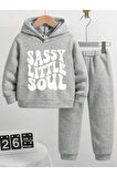 Kız\Erkek Çocuk Gri Little Soul Baskılı Kapşonlu Eşofman Takımı
