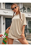 Minimal Kalp Baskılı Acık Kahverengi Oversize Tshirt