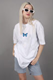 T-shirt Mavi Kelebek Baskılı Pamuk Bisiklet Yaka Oversize