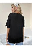 Siyah Houston Baskılı Oversize Kadın T-shirt