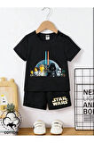 Çocuk Tasarım Star wars Film Baskılı T-Shirt Şort Alt Üst Takım %100 Pamuk