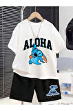 Çocuk Tasarım Stitch Aloha Baskılı T-Shirt Şort Alt Üst Takım %100 Pamuk