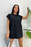 Unisex Siyah Spor Bisiklet Yaka Pamuk Oversize Boyfriend T-shirt