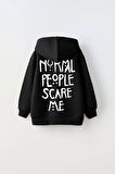 Kapüşonlu İçi Polar Normal People Scare Me Baskılı Siyah Unisex Çocuk Hoodie Sweatshirt