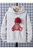 Kız\Erkek Çocuk Gri Kırmızı Bereli Baskılı Kapşonlu Sweatshirt
