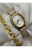 Retro Minimal Deri Kordon Vintage Oval Gold Kasa Kadın Kol Saati Bej Rengidir