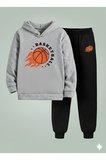 Çocuk Erkek Kapüşonlu Takım BASKET TOPU 3 İplik Şardonlu Sweatshirt - Eşofman Takım