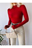 Kadın Kırmızı Dik Yaka Uzun Kol Viskon Bluz